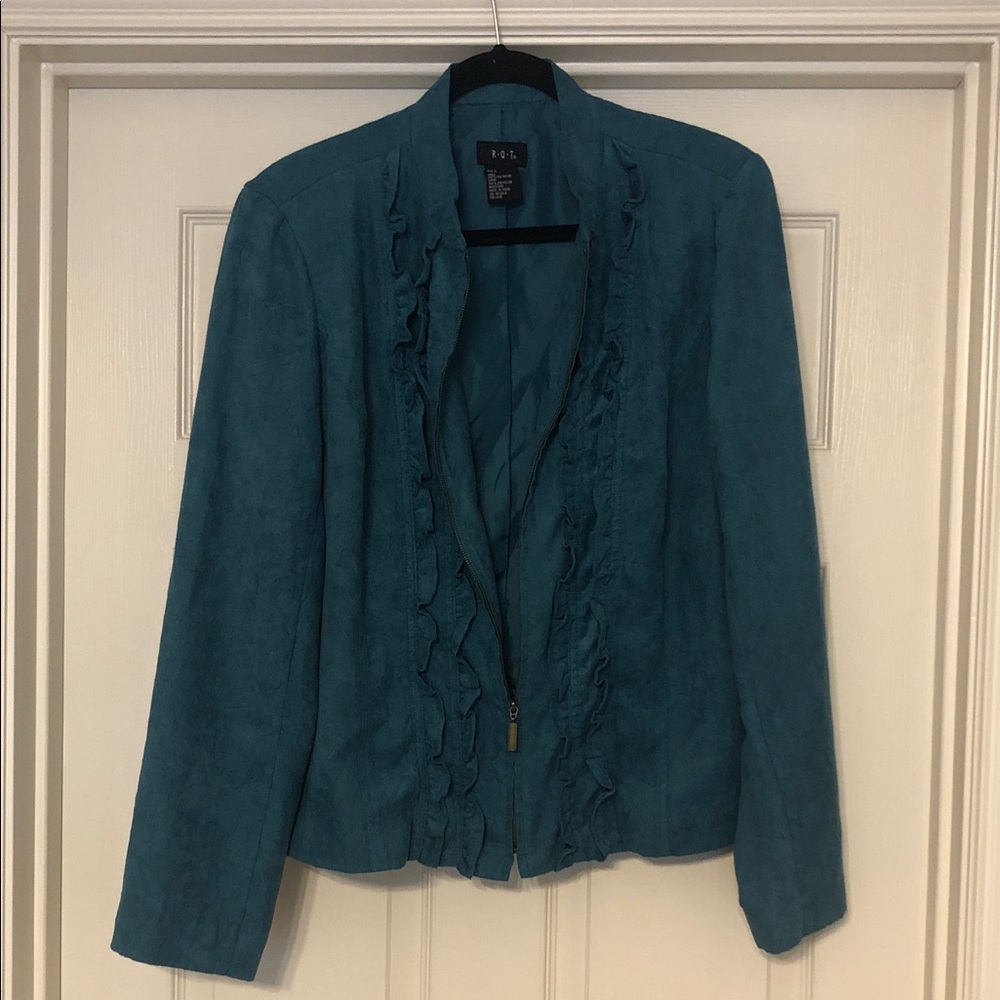 RQT Teal Ruffle Zip-Front Blazer Jacket Leather-Like Feel Size L